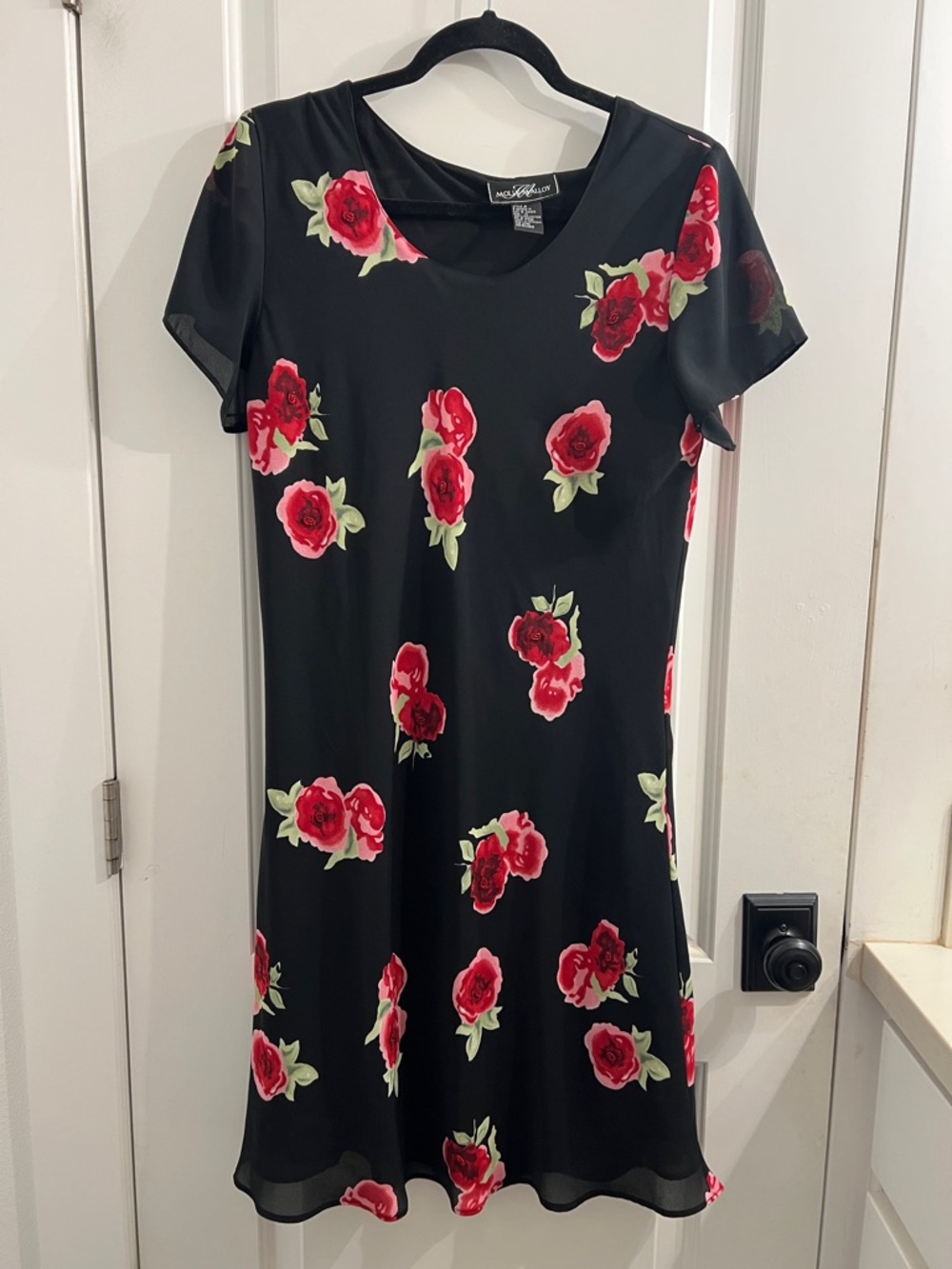 MOLLY MALLOY Black Mini Dress with Red Rose Print WITH BEADING